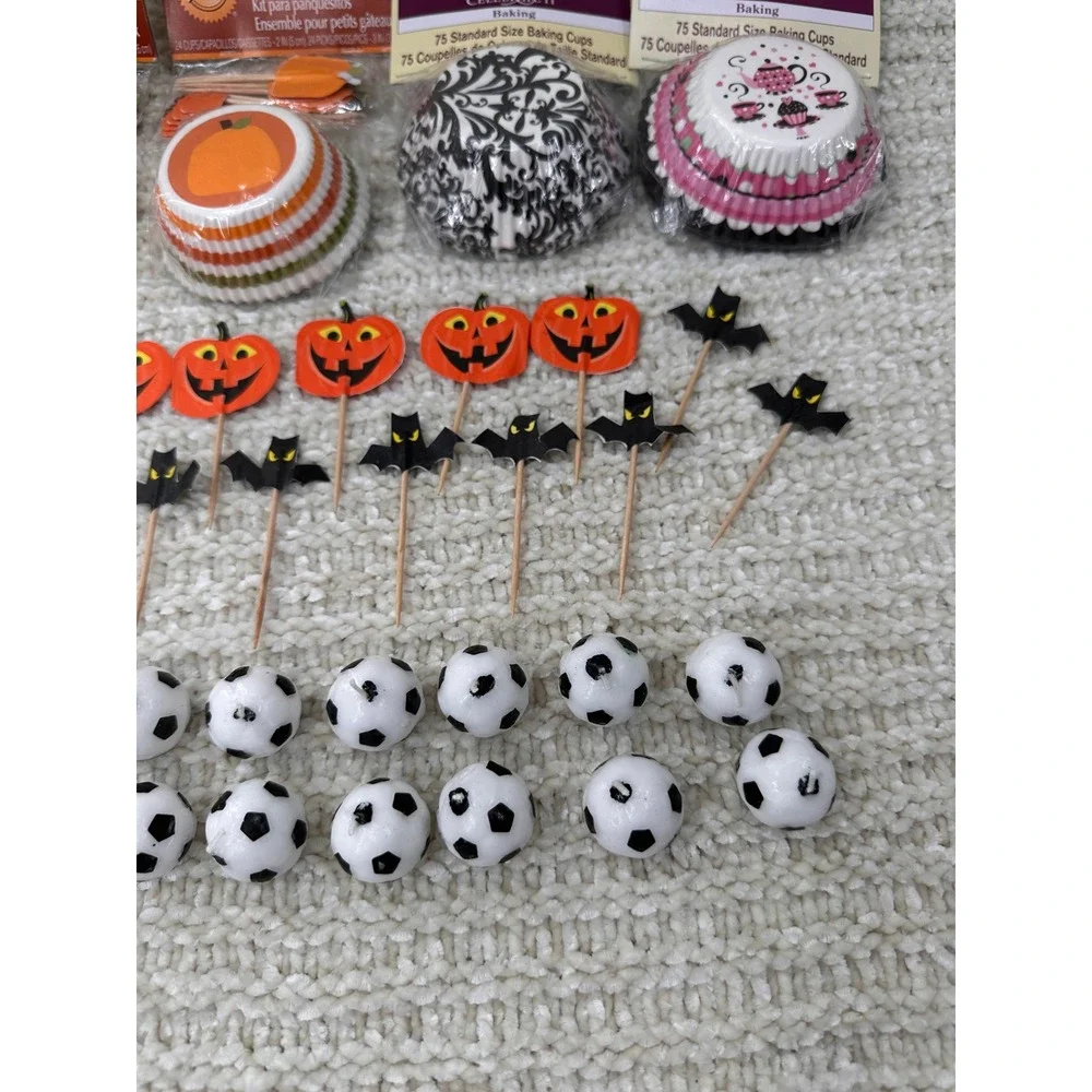 Wilton Celebrate It Cupcake Liners Picks Candles Halloween‎ Pumpkin Soccer Lot